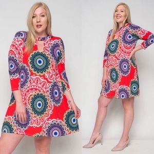 Plus Size 3/4 Sleeve Cutout Neck Tunic Dress P3